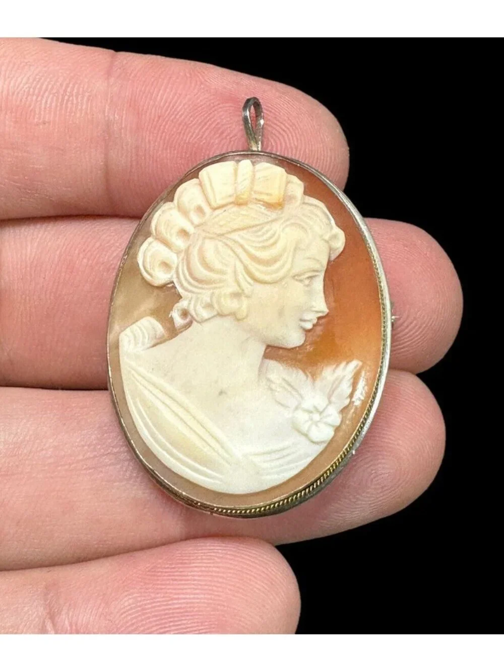 Vintage 900 Silver Cameo Brooch Pendant Carved Shell Pretty Woman Fine Jewelry